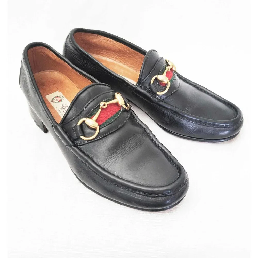 Vintage Gucci  Men’s Black Leather Gold Horsebit Loafers Shoes Green Red 41 M